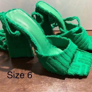 Green terry cloth-like heels with long straps